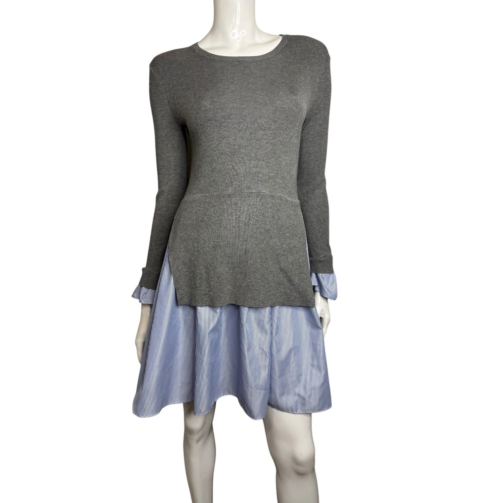 English Factory Grey Mixed Media Sweater Dress Pinstripe Hem XS MK513D
